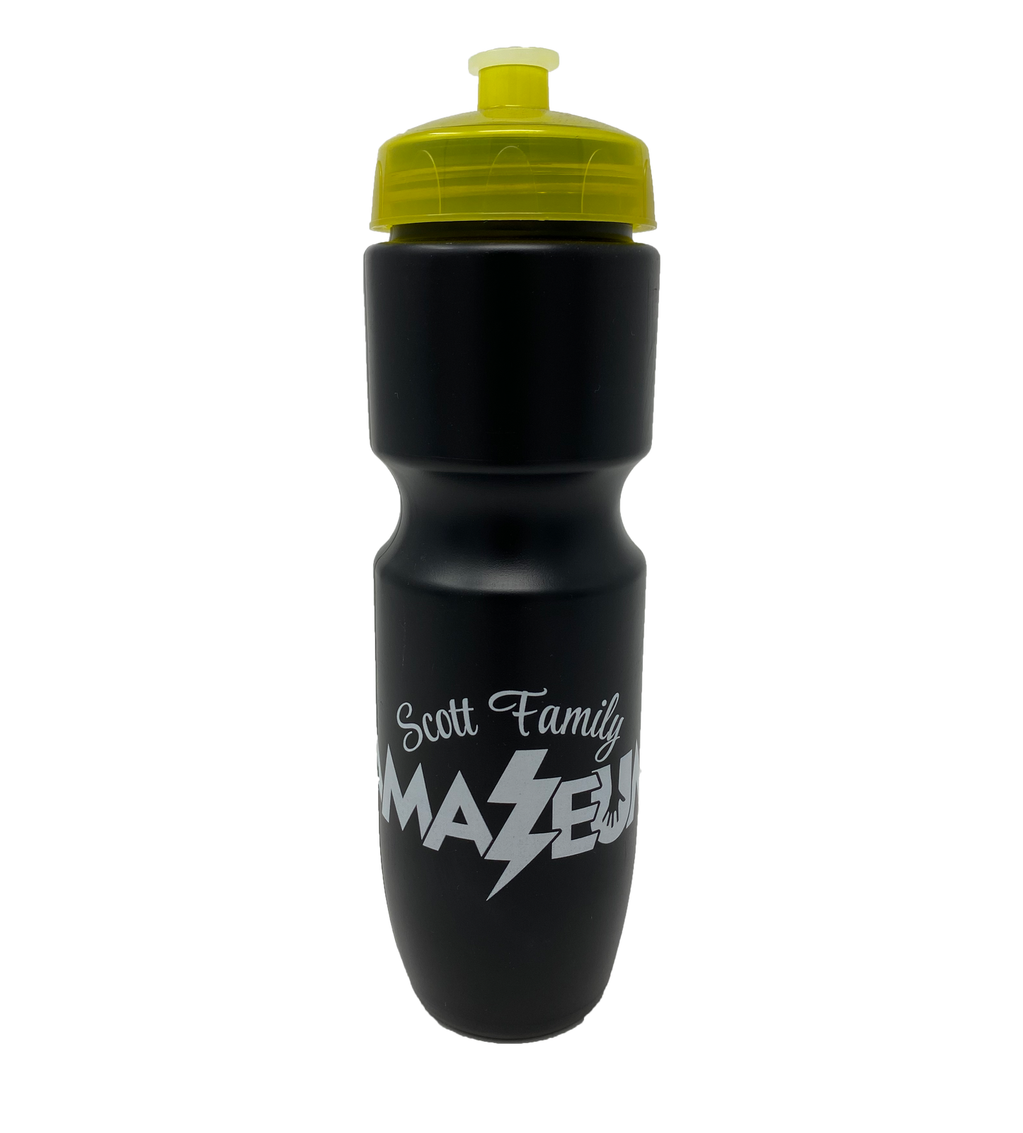 A black squeezy water bottle with highlighter yellow lid. Has Scott Family Amazeum printed in light grey on front. 