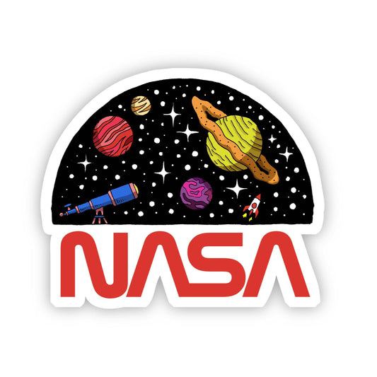 Simple red NASA logo below half-moon shape featuring 90's style planets and telescope on a black, starry background