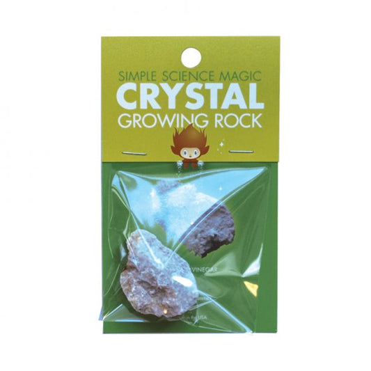 Green packet says "simple science magic: crystal growing rock" and displays two rocks in pouch
