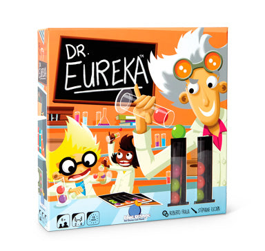 Orange box says "Dr. Eureka" and shows animated scientist pouring different colored balls into cylinders