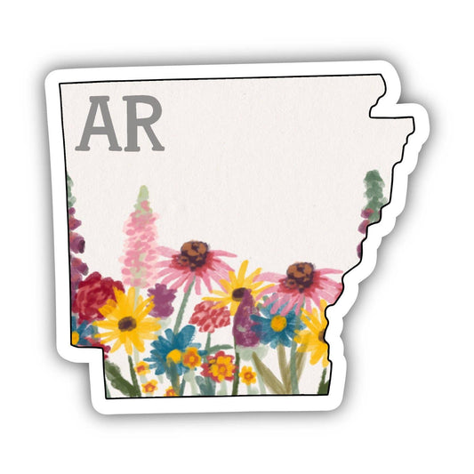 White Arkansas-shaped sticker features watercolor style wildflowers