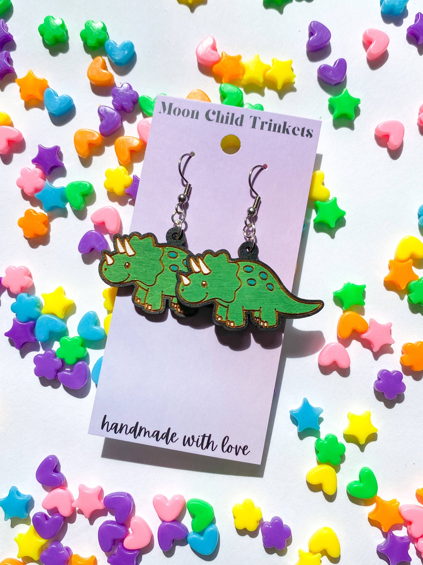 Triceratops Hand Painted Wood Dangle Earrings