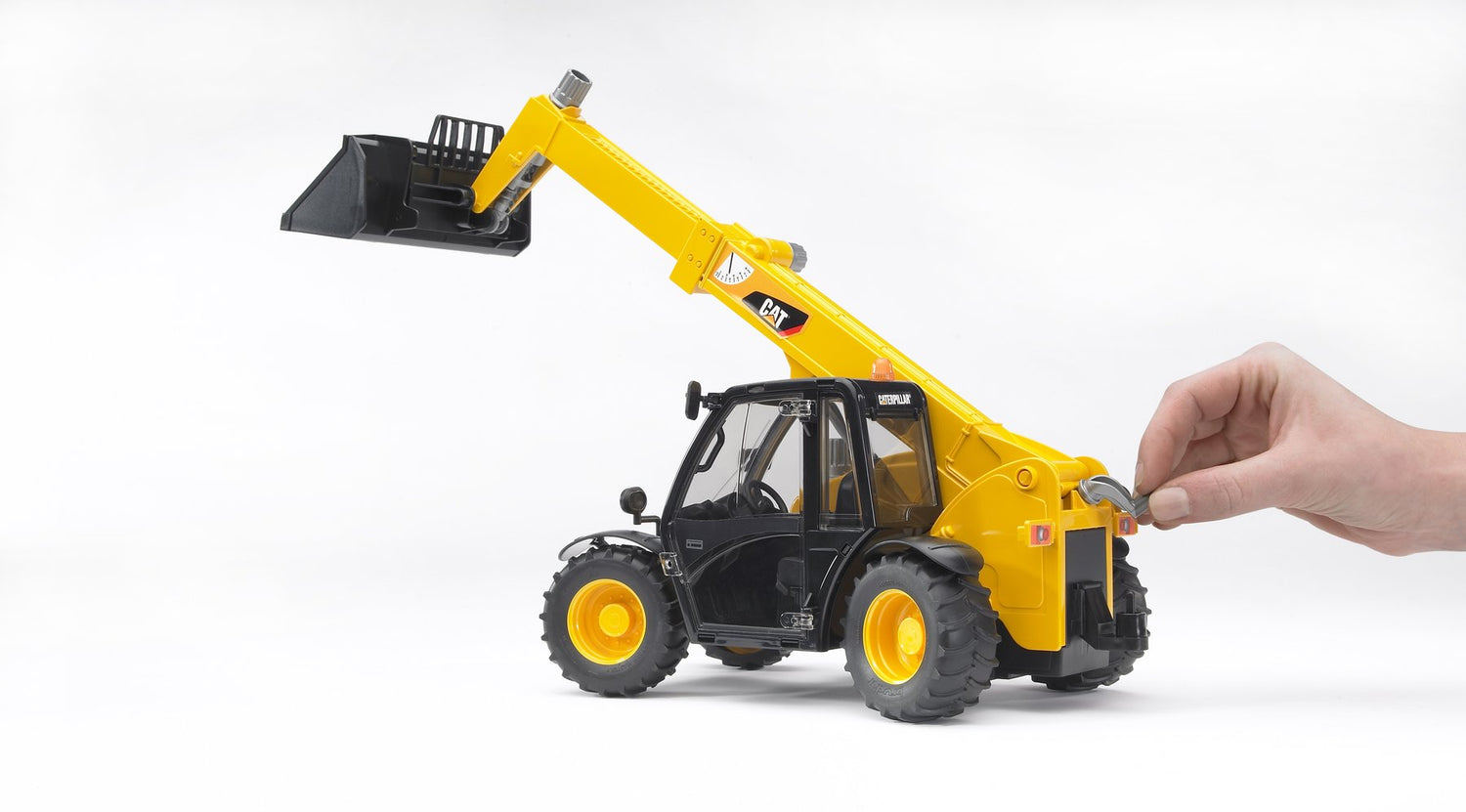 Yellow model of CAT construction vehicle with telescopic arm