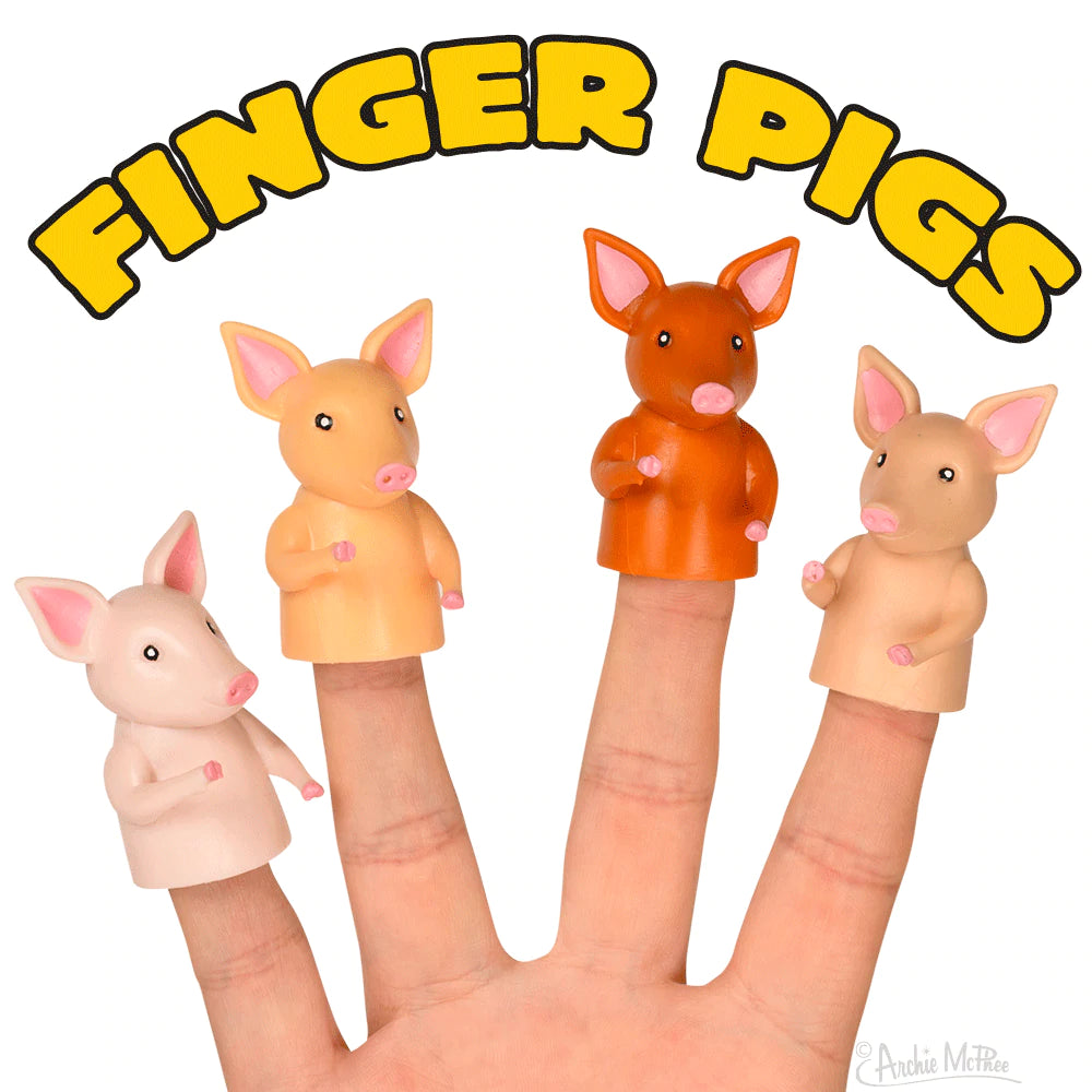 Mini pigs of different colors sit on fingers like finger puppets. Text reads Finger Pigs