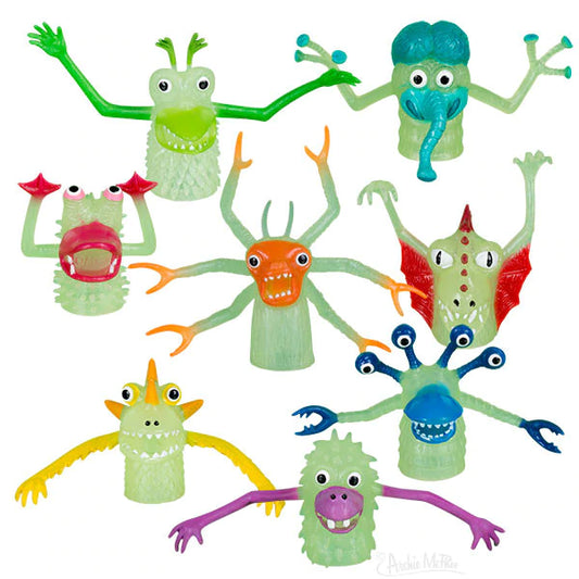 Glow-in-the-dark finger puppet monsters of varying styles