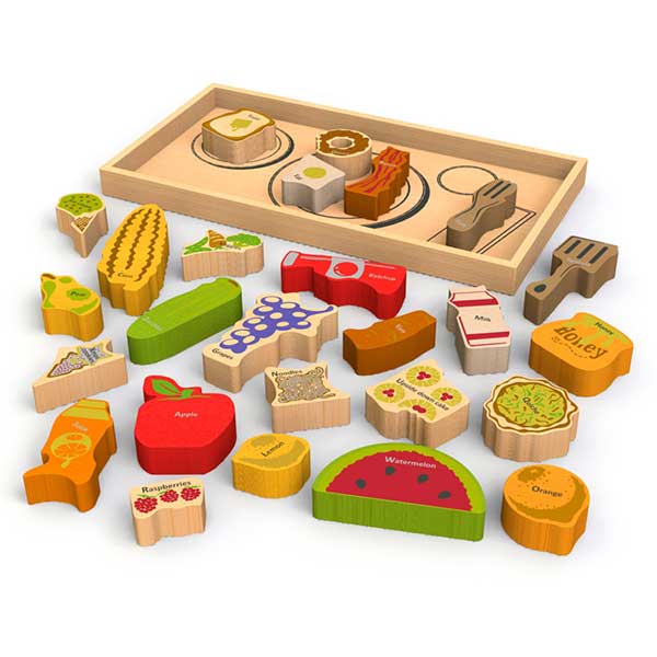 Wooden puzzle with tray base and wooden food items laid out in front