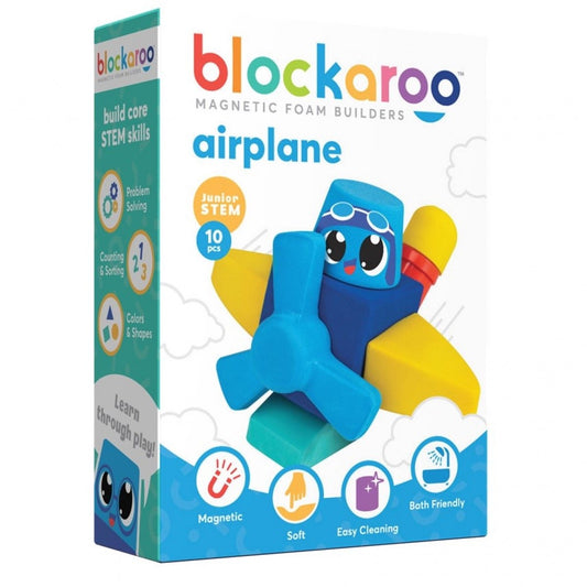 White box reads "blockaroo" and shows a helicopter with pilot in primary colors that is built out of soft, magnetic blocks