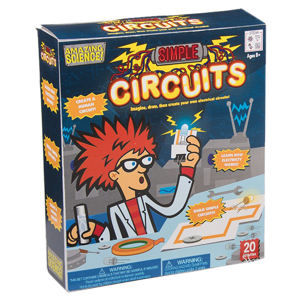Dark blue box reads Simple Circuits and shows a cartoon scientist holding a lit LED bulb with the circuit kit in front of him