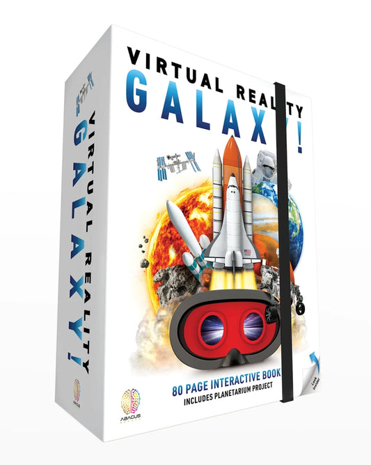 A large white book with Virtual Reality Galaxy! printed on the front. A spaceship, astronauts, meteors, rovers, and planets seem to be bursting out of the virtual reality glasses. 