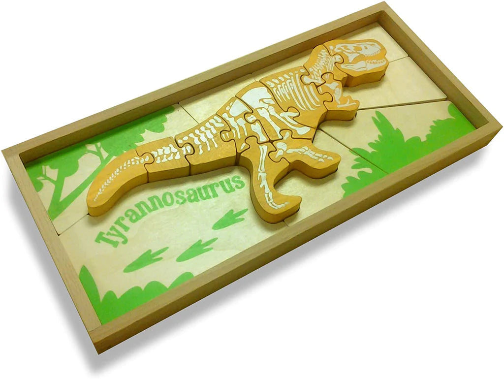 A wooden Tyrannosaurus Rex puzzle showing the white skeleton is put together in the box