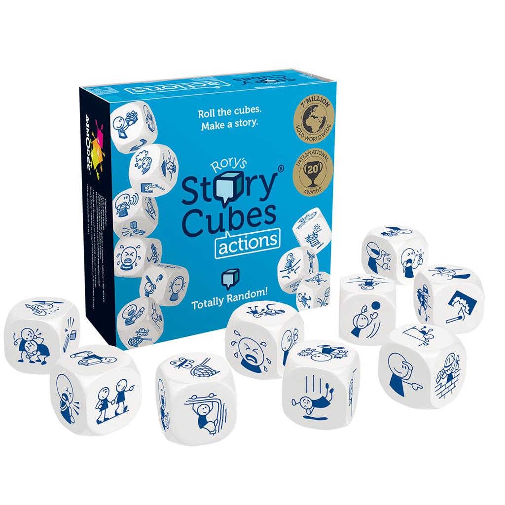A blue box says Rory's Story Cubes: actions and shows the white die with blue cartoons on each side
