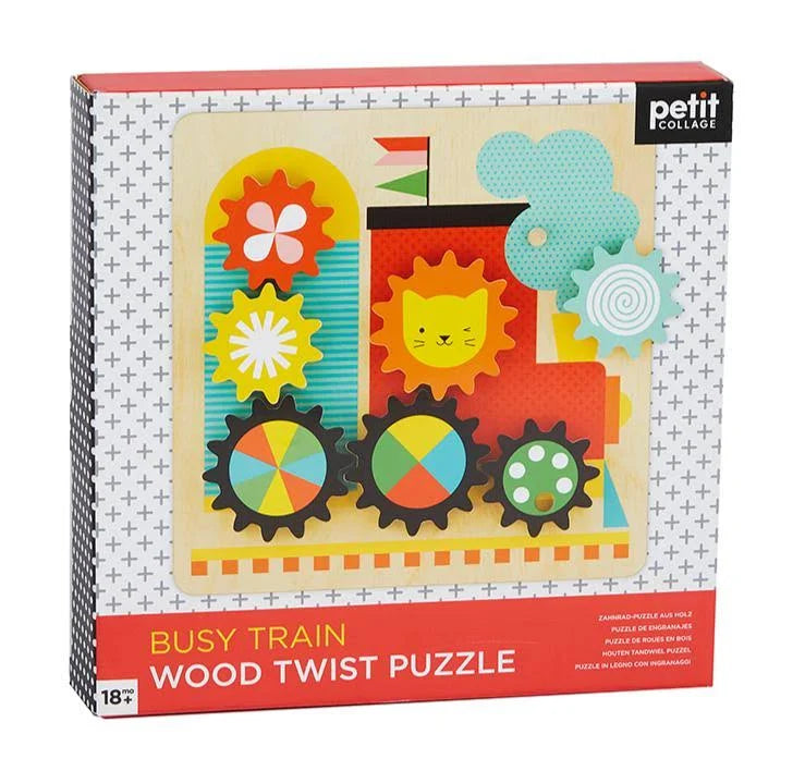 Box says "Busy Train: Wood Twist Puzzle" and shows a train made of gears.