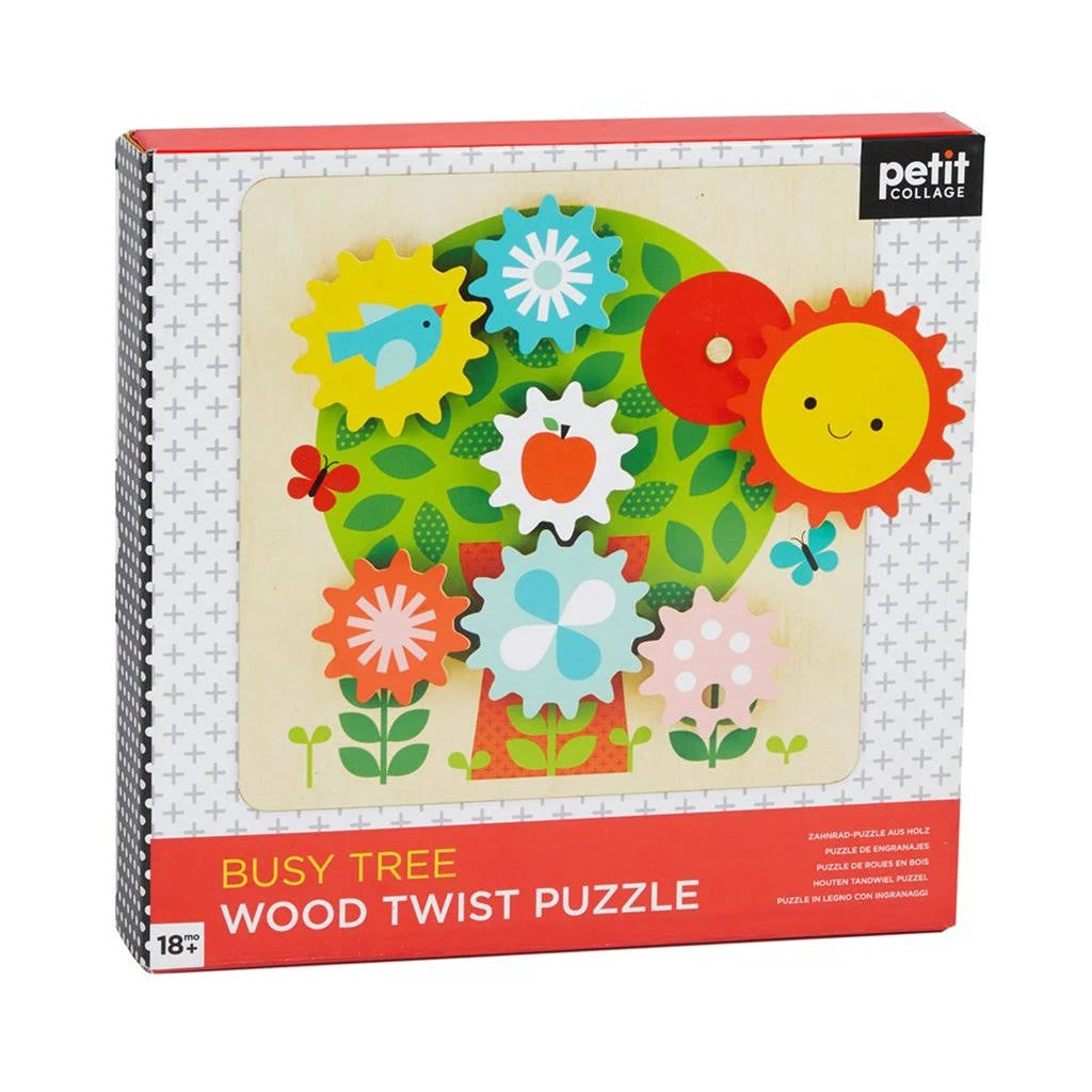 Box reads "Busy Tree: Wood Twist Puzzle" and shows a tree with gears that look like a sun, an apple, a bird, and flowers. 
