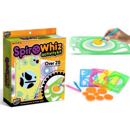 Orange and green box says SpiroWhiz Activity Kit. Next to is is a hand demonstrating how to use the SpiroWhiz