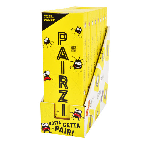 Display box holds multiple bright yellow PAIRZI boxes with the caption "Gotta getta pair!"