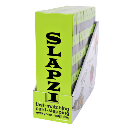 Display box holds multiple bright green SLAPZI boxes with the caption "the fast-matching card-slapping everyone-laughing picture game"